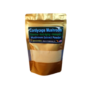 Cordyceps Powder in a gold foil bag with a clear window below the main label